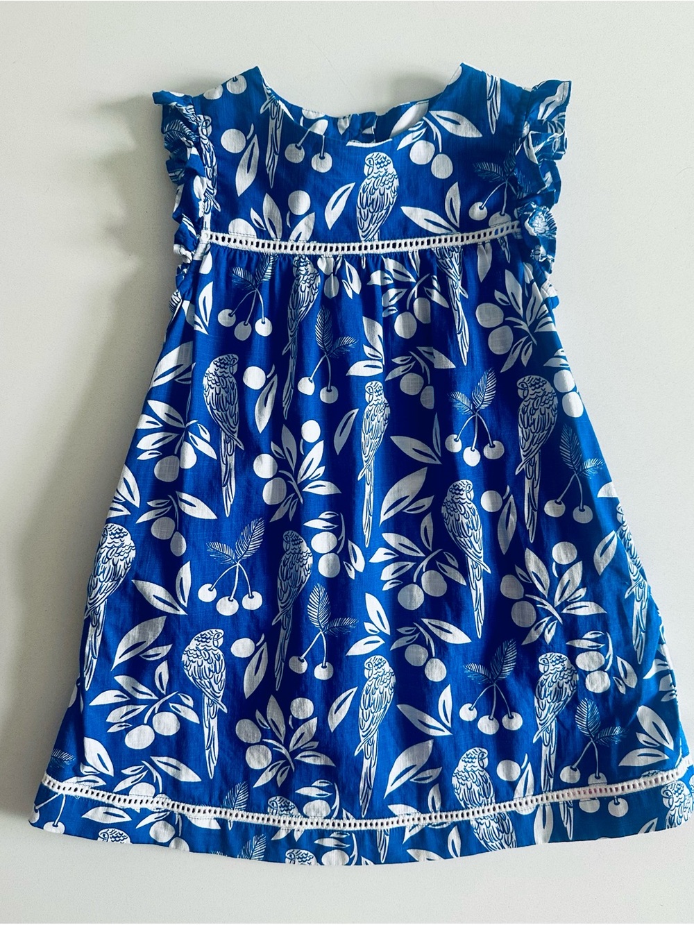 Mini Boden Tropical Blue Parrot Print (Celia) Dress - Size 4/5